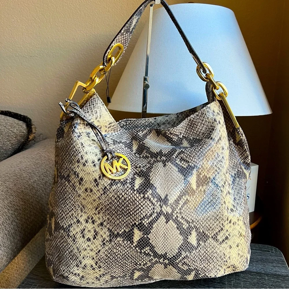 Michael Kors Ines Snake Print Leather Metal Chain Hobo Retail $498